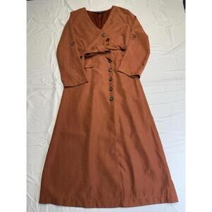 Lulus Midi Wrap Dress Sz M V Neck Rust Color Long Sleeves Button Down Work Party